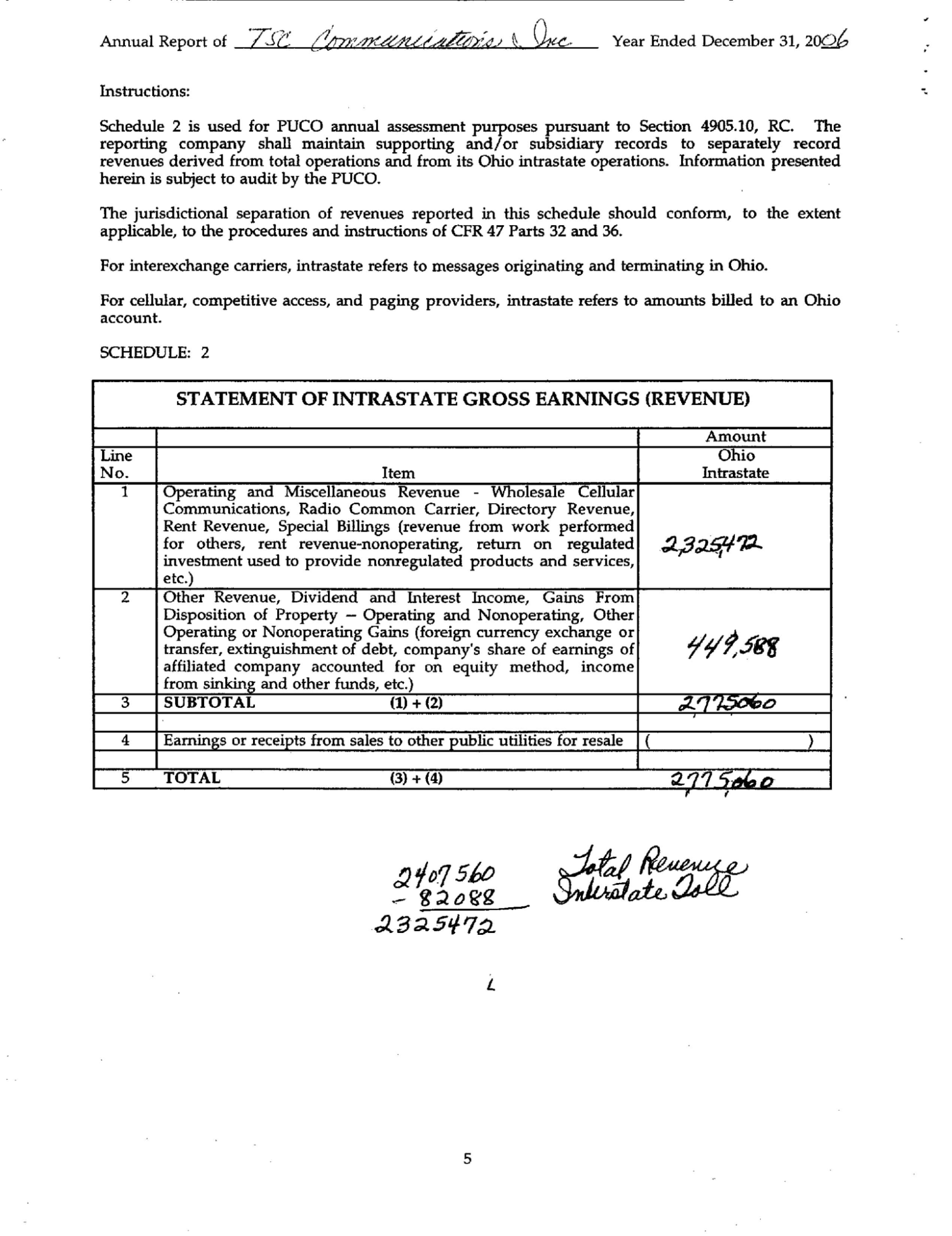 Snippet of a PUCO annual report combining typed form fields with handwritten financial figures