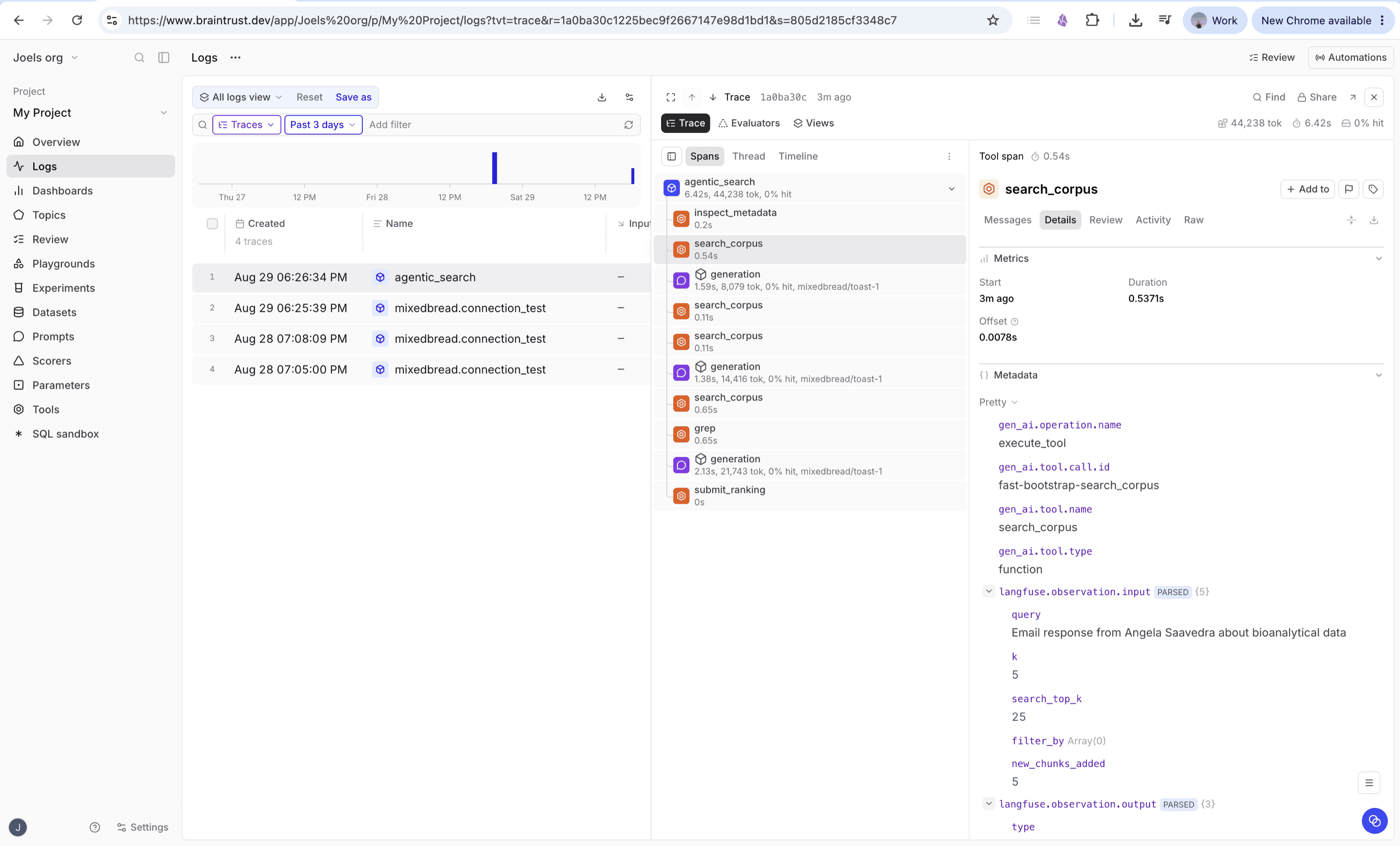 An exported agentic search trace in Braintrust's Logs view, showing the span tree with tool and generation spans and the selected tool span's GenAI metadata.