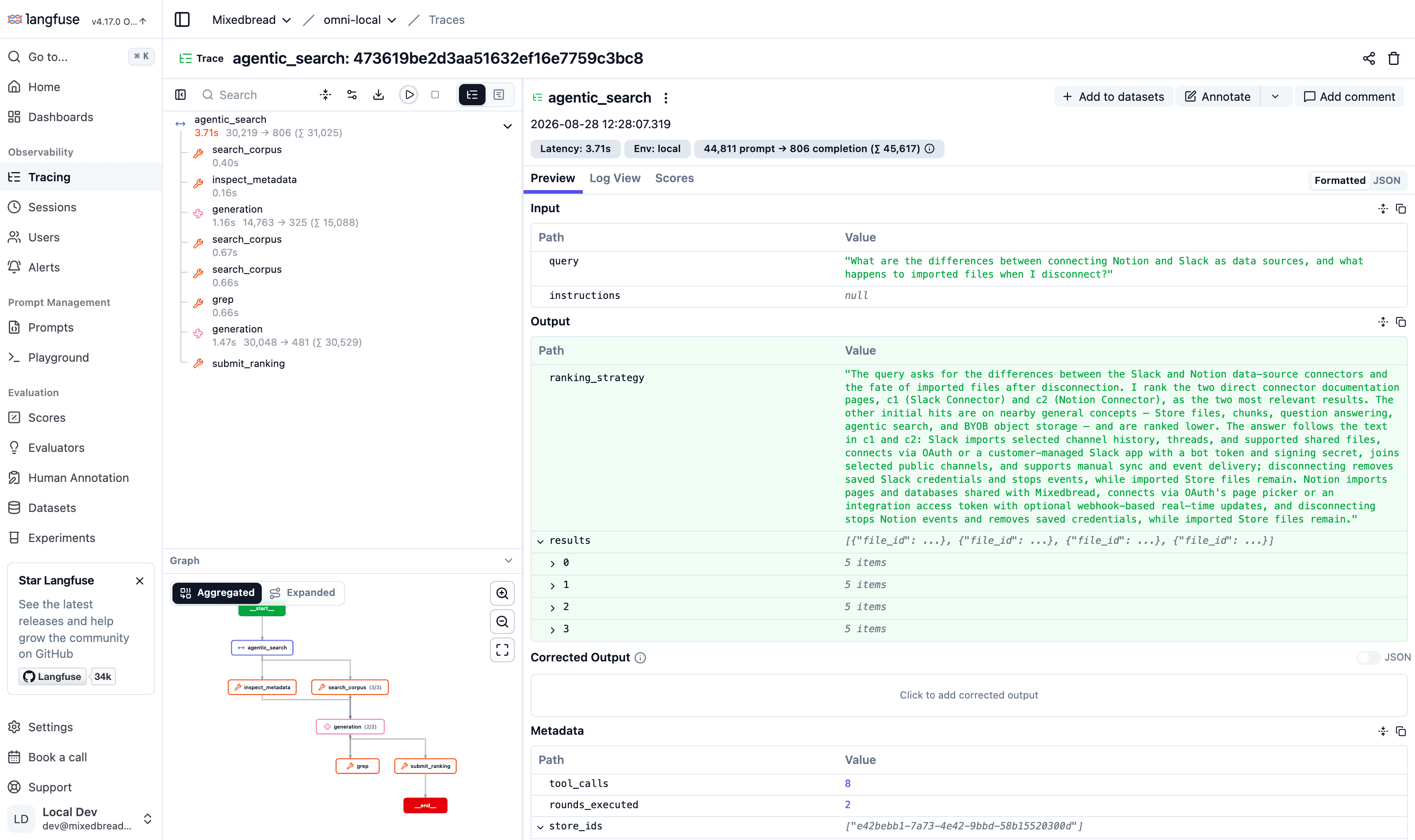 An exported agentic search trace in Langfuse, showing the span tree with search and generation spans, the input query, the output ranking, and token usage.