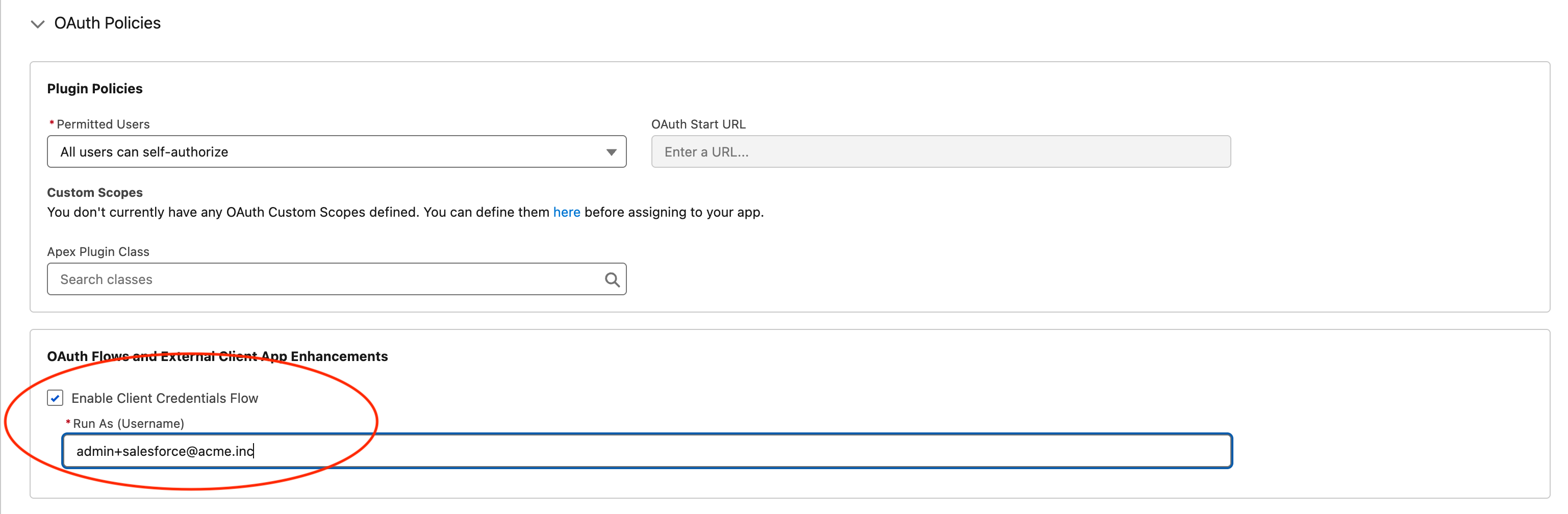 Salesforce External Client App policies showing Client Credentials Flow and Run As user