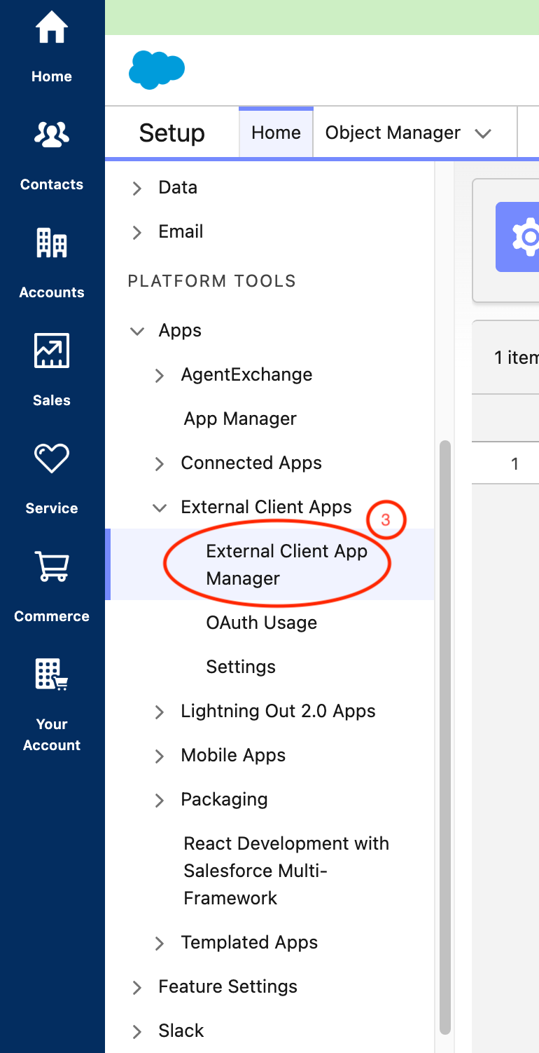 Salesforce Setup sidebar showing External Client App Manager