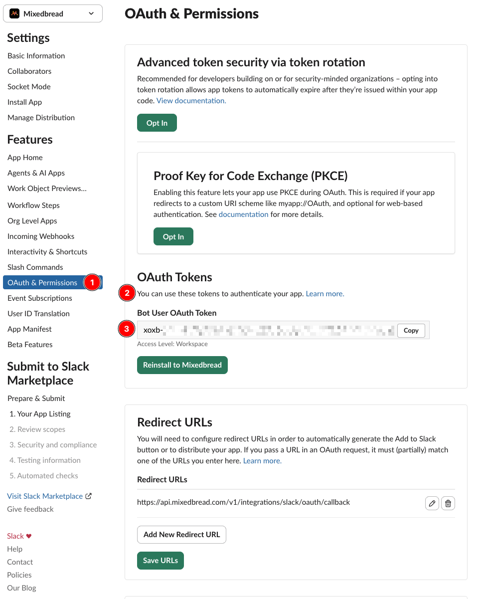 Slack OAuth and Permissions page with the Bot User OAuth Token highlighted