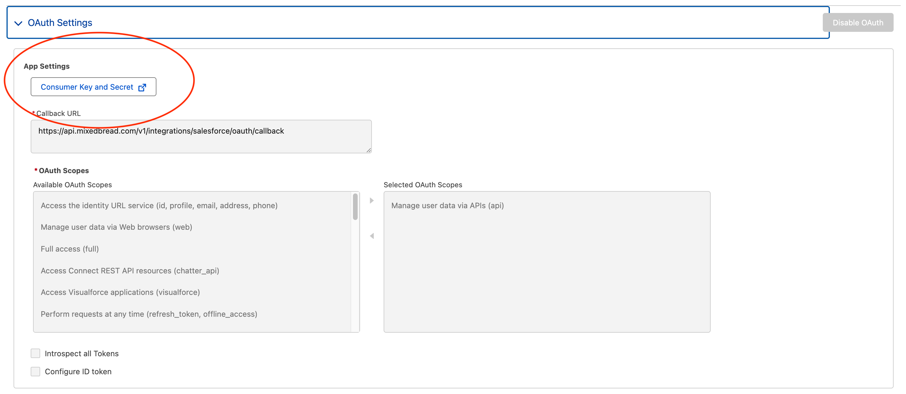 Salesforce External Client App Settings tab showing the Consumer Key and Secret button