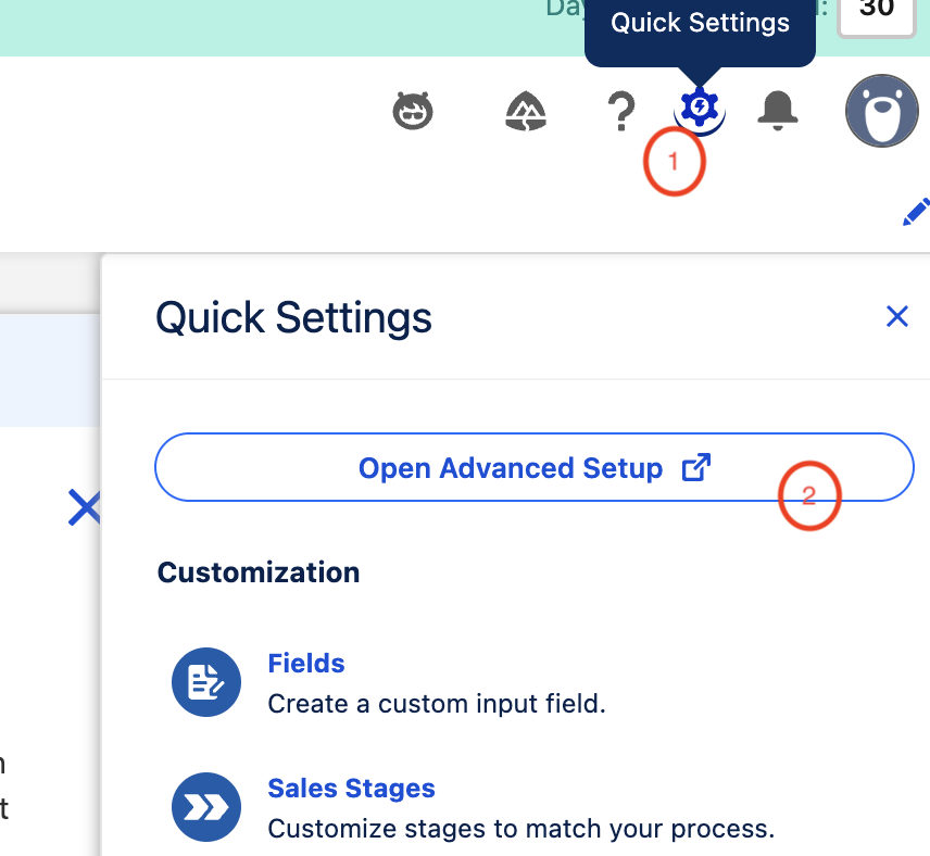 Salesforce Quick Settings menu showing Open Advanced Setup