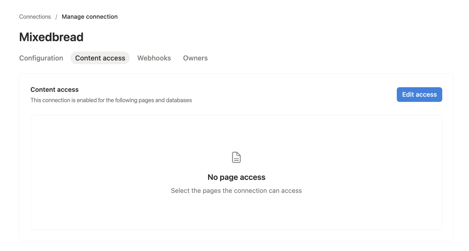 Notion connection Content access tab with the Edit access button