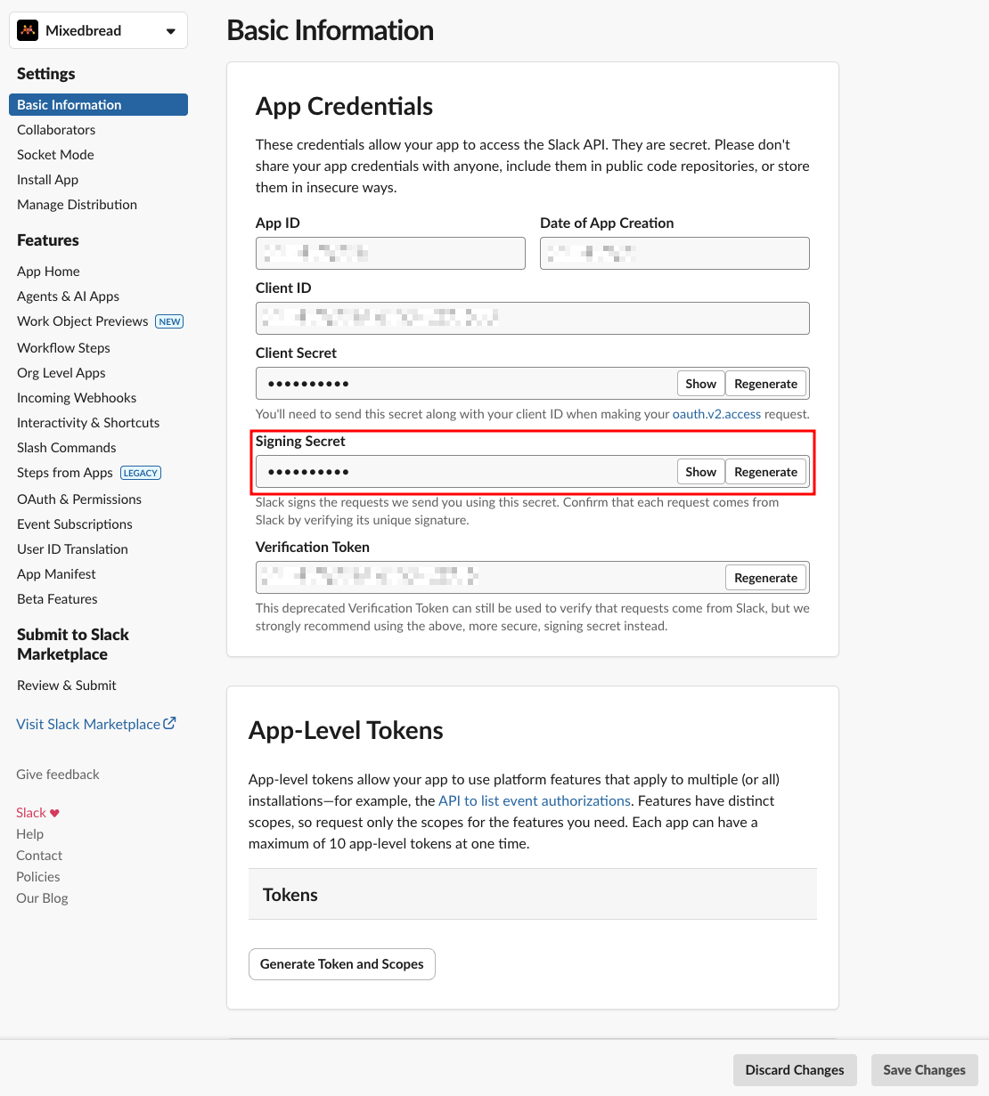 Slack Basic Information page with the Signing Secret field highlighted